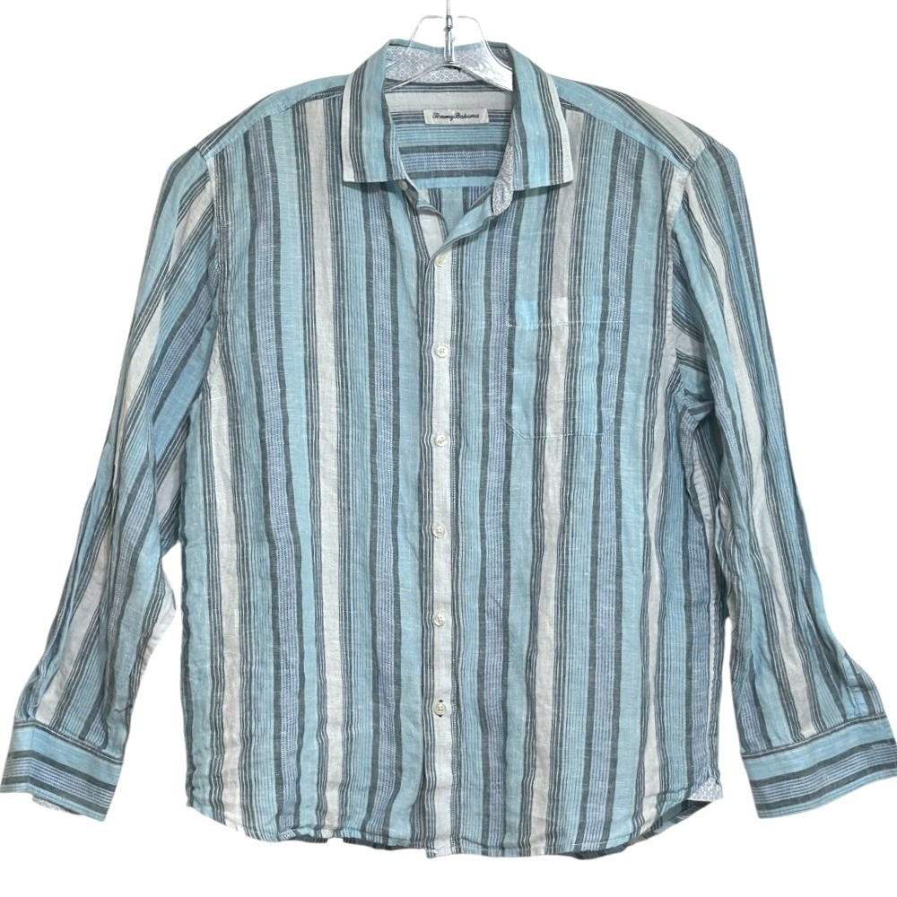 Tommy Bahama Button Down Shirt Men Blue Stripe 100% Linen Long Sleeve Coastal L